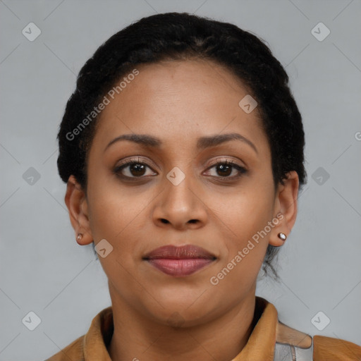 Joyful latino young-adult female with short  black hair and brown eyes