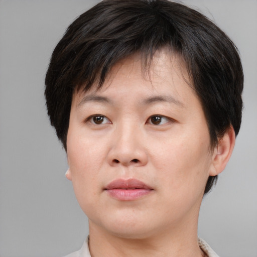 Neutral asian young-adult female with short  brown hair and brown eyes