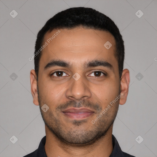 Joyful latino young-adult male with short  black hair and brown eyes