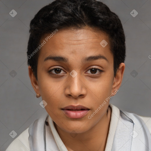 Joyful latino young-adult female with short  brown hair and brown eyes