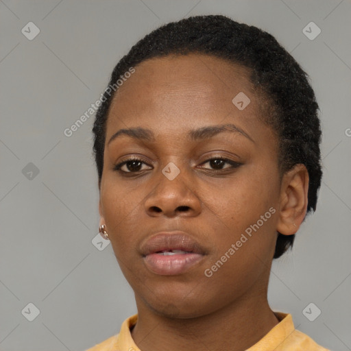 Neutral black young-adult female with short  black hair and brown eyes