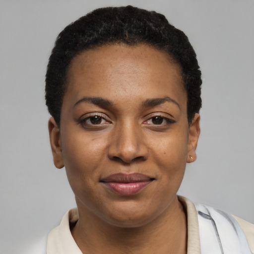 Joyful black young-adult female with short  black hair and brown eyes