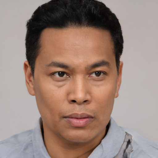 Neutral asian young-adult male with short  black hair and brown eyes