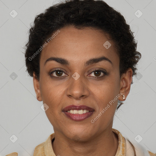 Joyful latino young-adult female with short  brown hair and brown eyes