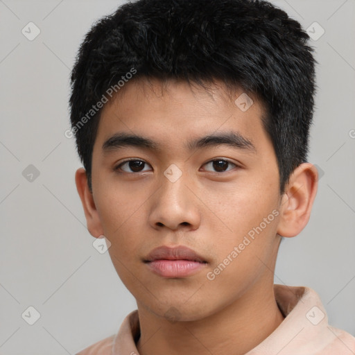 Neutral asian young-adult male with short  black hair and brown eyes