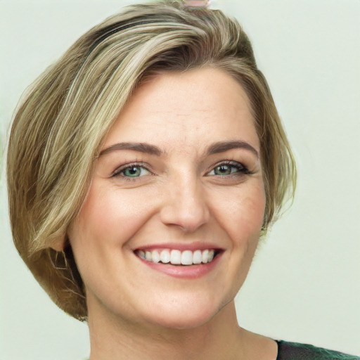 Joyful white young-adult female with medium  brown hair and green eyes