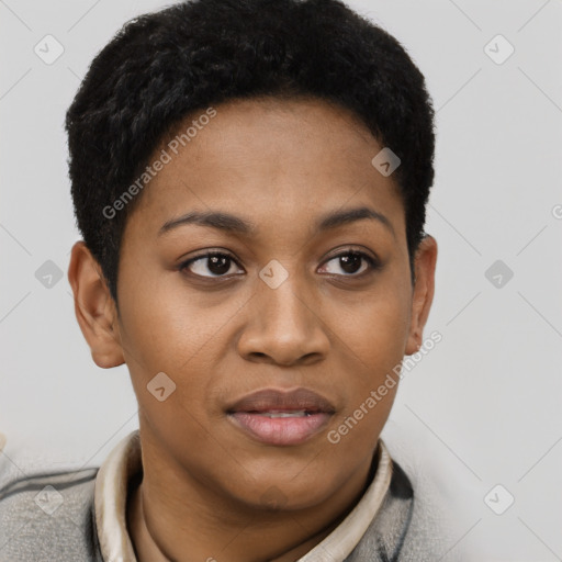 Joyful black young-adult female with short  brown hair and brown eyes