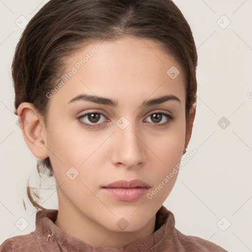 Neutral white young-adult female with short  brown hair and brown eyes