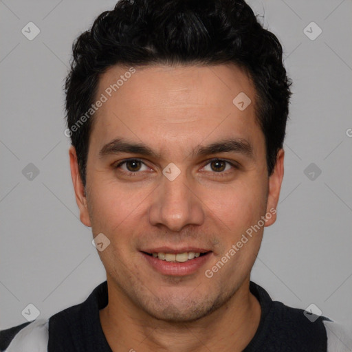 Joyful white young-adult male with short  black hair and brown eyes