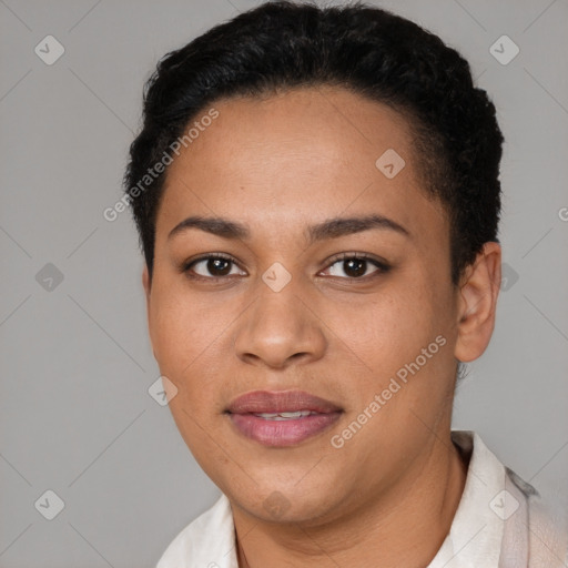 Joyful latino young-adult female with short  black hair and brown eyes