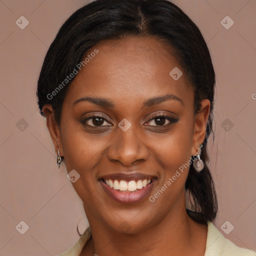 Joyful black young-adult female with medium  brown hair and brown eyes