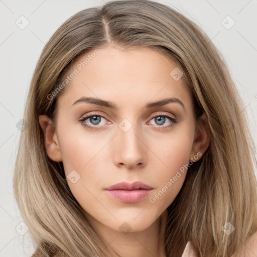 Neutral white young-adult female with long  brown hair and grey eyes