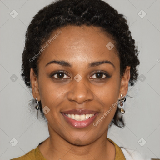 Joyful latino young-adult female with short  black hair and brown eyes