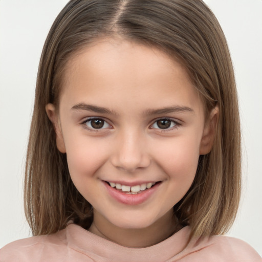 Joyful white child female with long  brown hair and brown eyes