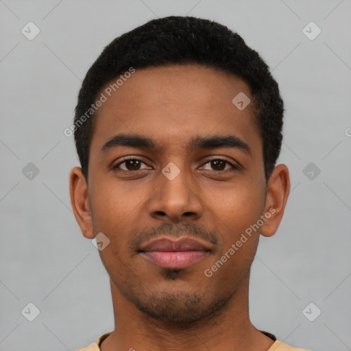 Neutral latino young-adult male with short  black hair and brown eyes