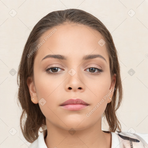 Neutral white young-adult female with medium  brown hair and brown eyes