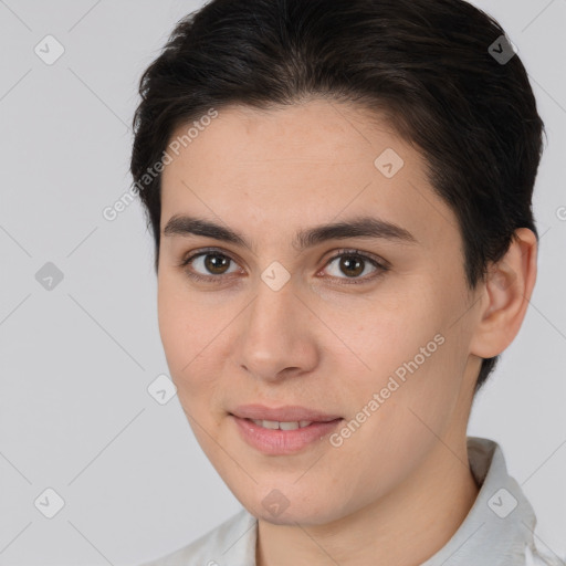 Joyful white young-adult female with short  brown hair and brown eyes