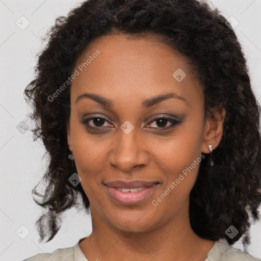 Joyful black young-adult female with medium  brown hair and brown eyes