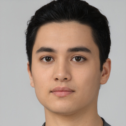 Neutral asian young-adult male with short  black hair and brown eyes