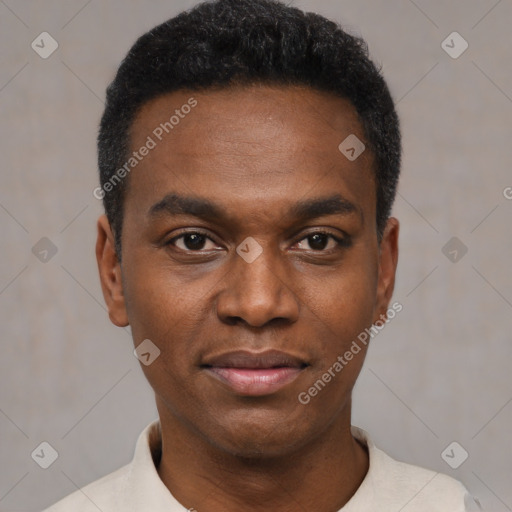 Neutral black young-adult male with short  black hair and brown eyes