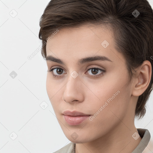 Neutral white young-adult female with medium  brown hair and brown eyes