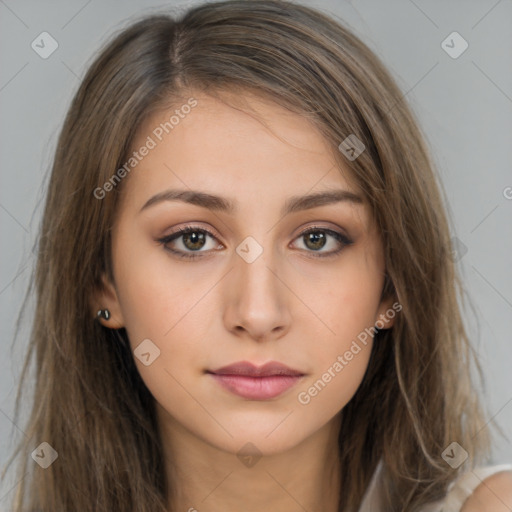 Neutral white young-adult female with long  brown hair and brown eyes