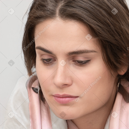 Neutral white young-adult female with medium  brown hair and brown eyes