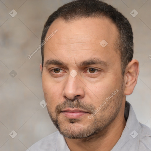 Neutral white adult male with short  black hair and brown eyes