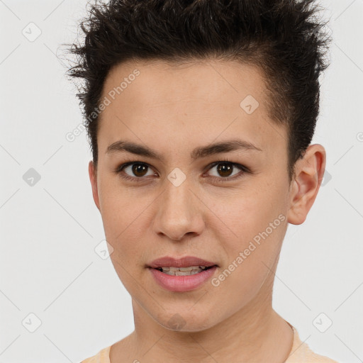 Joyful white young-adult female with short  brown hair and brown eyes