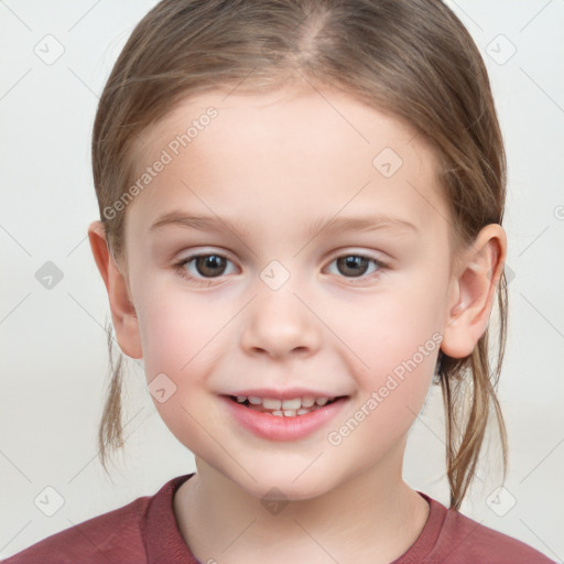 Joyful white child female with medium  brown hair and grey eyes