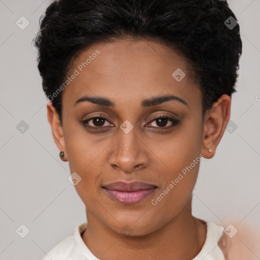 Joyful latino young-adult female with short  brown hair and brown eyes