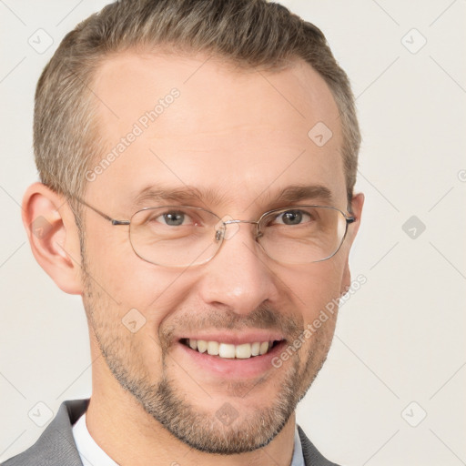 Joyful white adult male with short  brown hair and grey eyes