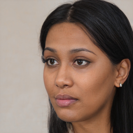 Neutral asian young-adult female with long  black hair and brown eyes