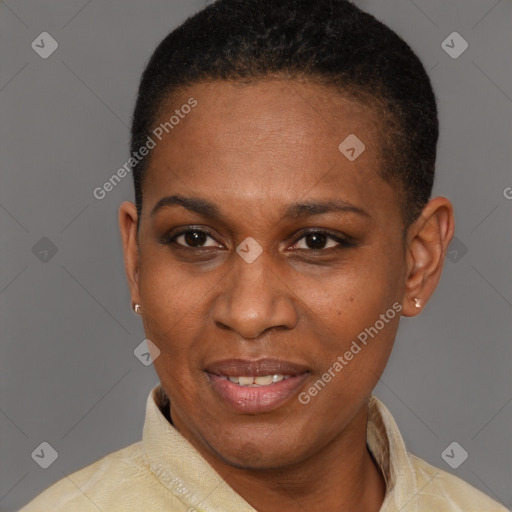 Joyful latino adult female with short  brown hair and brown eyes