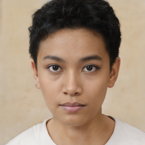 Neutral asian young-adult female with short  black hair and brown eyes