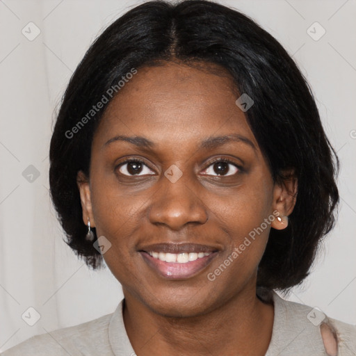 Joyful black young-adult female with medium  black hair and brown eyes