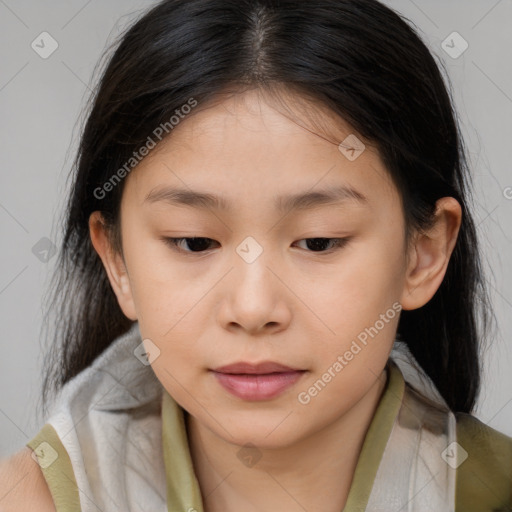 Joyful white child female with medium  brown hair and brown eyes