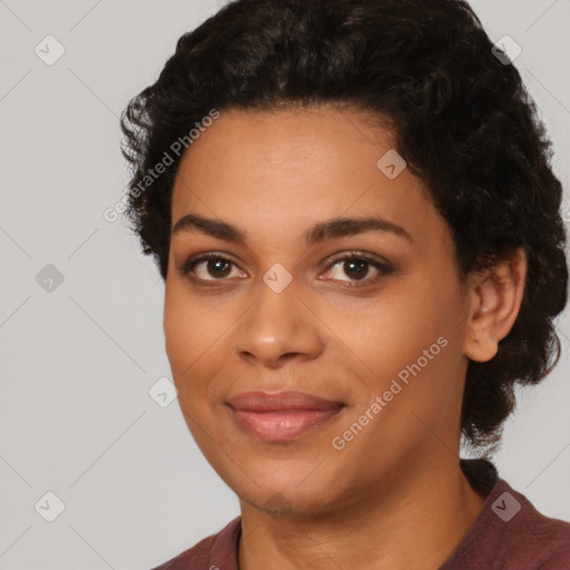 Joyful latino young-adult female with short  black hair and brown eyes