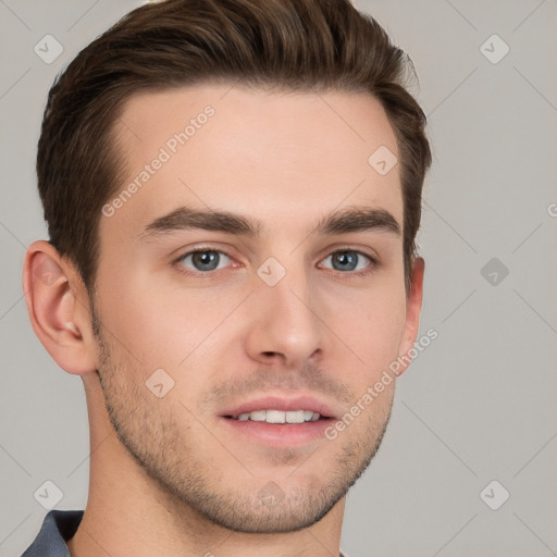 Neutral white young-adult male with short  brown hair and grey eyes