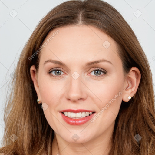 Joyful white young-adult female with long  brown hair and grey eyes