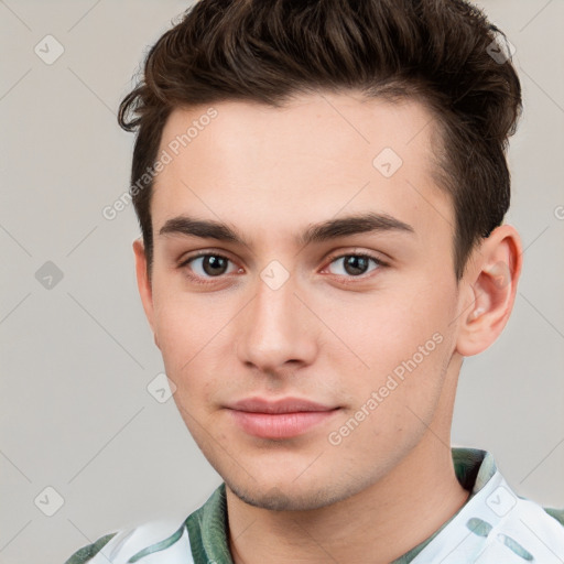 Neutral white young-adult male with short  brown hair and brown eyes