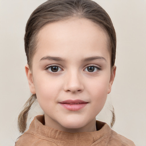 Joyful white child female with medium  brown hair and brown eyes