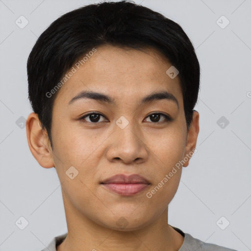 Joyful asian young-adult female with short  brown hair and brown eyes