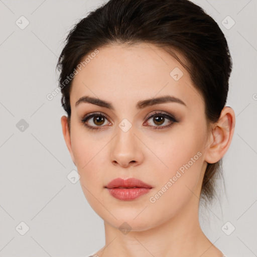 Neutral white young-adult female with medium  brown hair and brown eyes