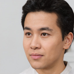 Neutral asian young-adult male with short  black hair and brown eyes