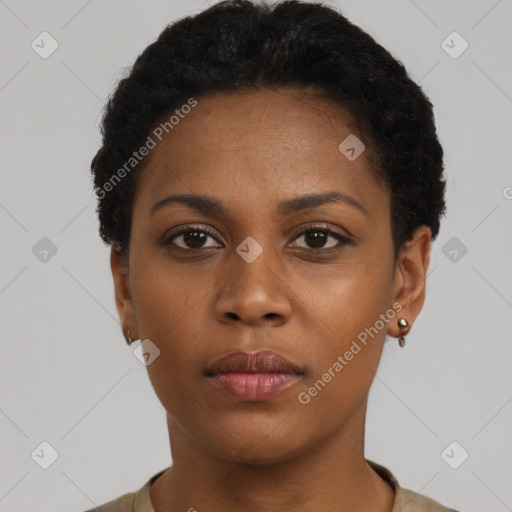 Neutral black young-adult female with short  black hair and brown eyes