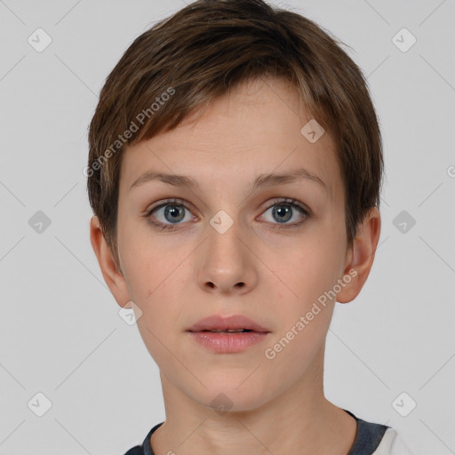 Neutral white young-adult female with short  brown hair and brown eyes