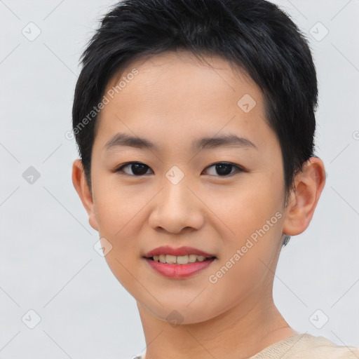 Joyful asian young-adult female with short  brown hair and brown eyes