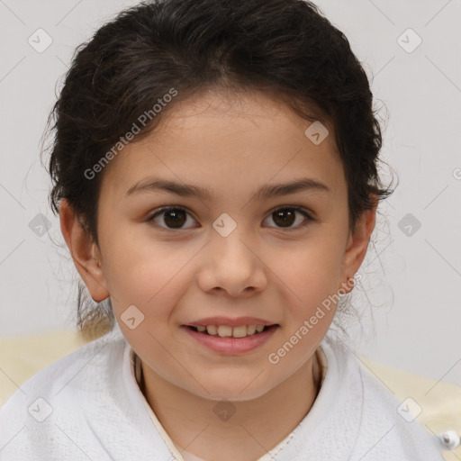 Joyful white child female with short  brown hair and brown eyes