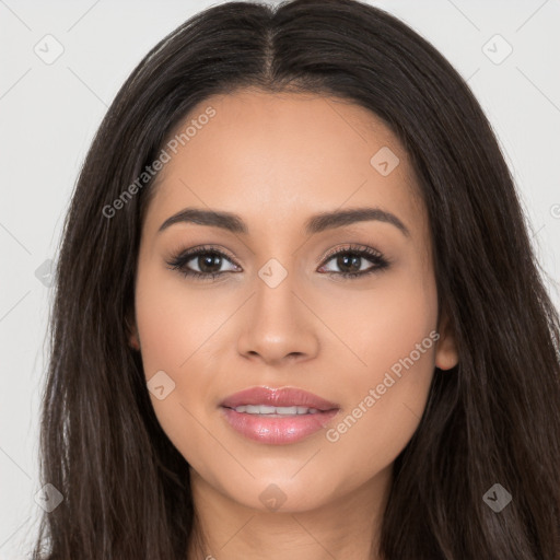 Joyful white young-adult female with long  black hair and brown eyes